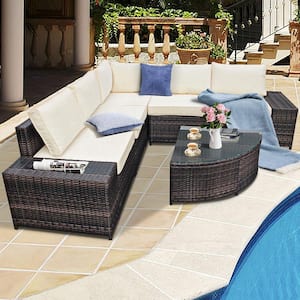 6-Piece Wicker Patio Conversation Set Sectional Sofa Set with Arc-Shaped Table and White Cushions