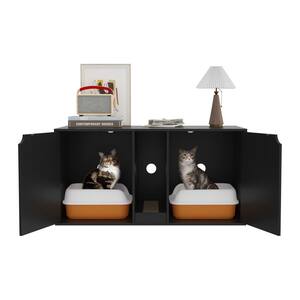 Modern Cat Litter Box Enclosure for 2 Cats, Large Wood Stackable Cat Washroom Cabinet Bench End Table Furniture, Black