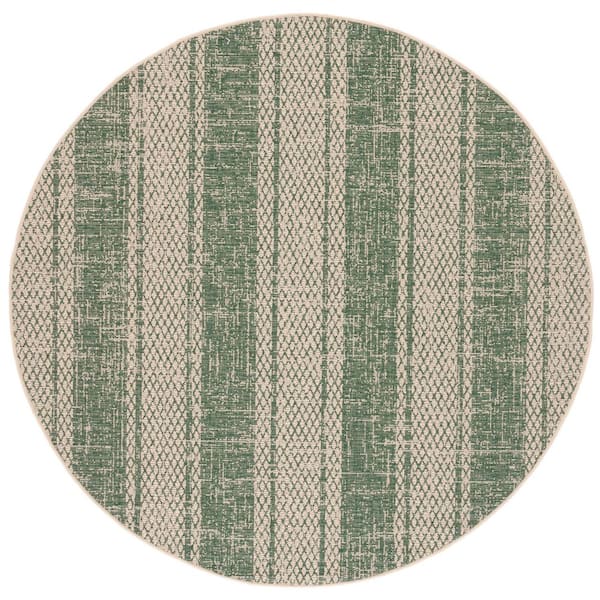 Courtyard Beige/Dark Green 7 ft. x 7 ft. Striped Diamond Indoor/Outdoor Round Area Rug