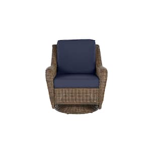 Cambridge Brown Wicker Outdoor Patio Swivel Rocking Chair with CushionGuard Midnight Navy Blue Cushions