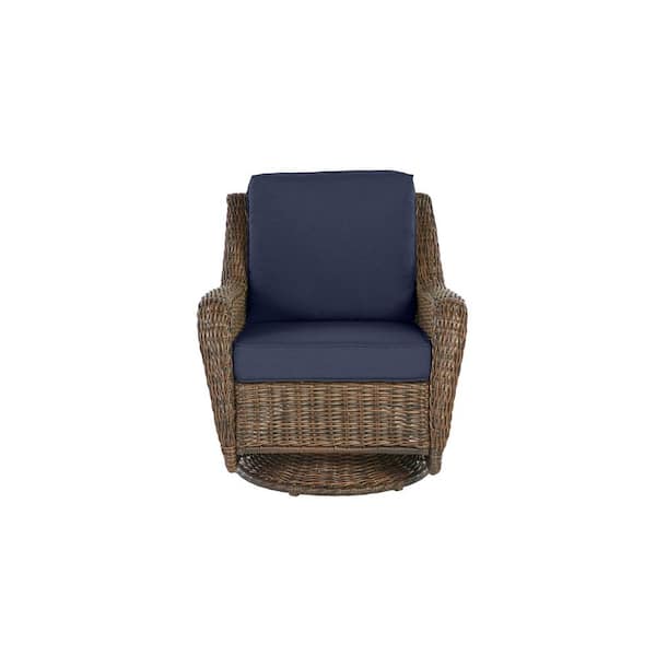 Hampton Bay Cambridge Brown Wicker Outdoor Patio Swivel Rocking Chair with CushionGuard Midnight Navy Blue Cushions