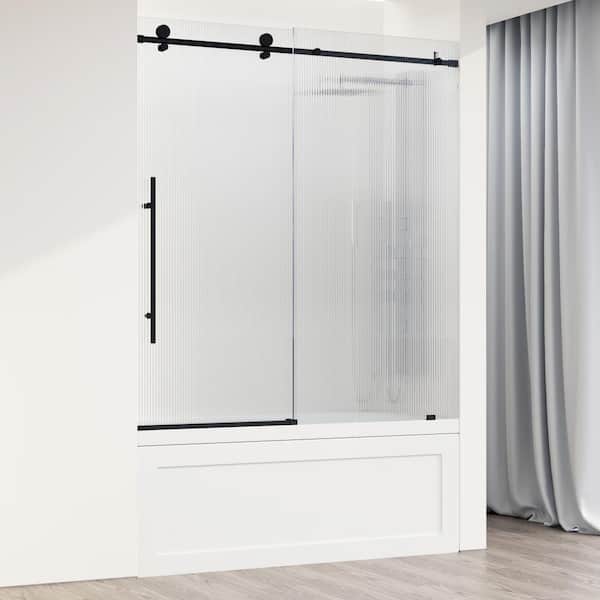 VIGO Elan E-Class 60 in. W x 66 in. H H Sliding Frameless Tub Door in Matte Black with Fluted Glass