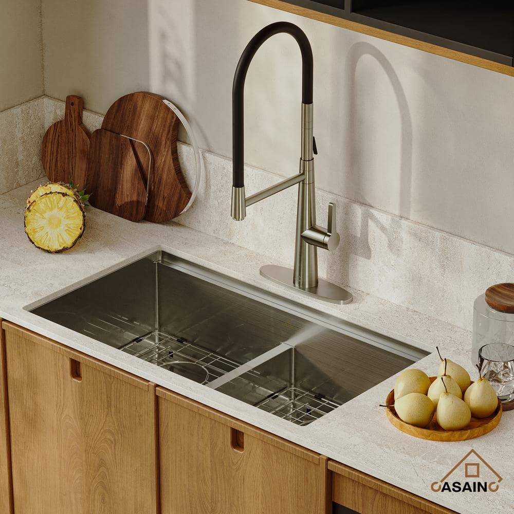 33'' Stainless Steel Undermount Double Bowl Kitchen Sink with Faucet