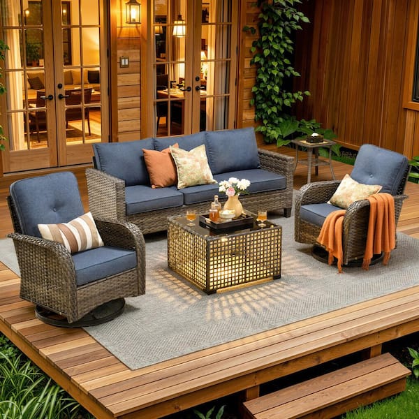 New Vultros Gray 5-Piece Wicker Patio Conversation Set with Denim Blue Cushions and Swivel Chairs