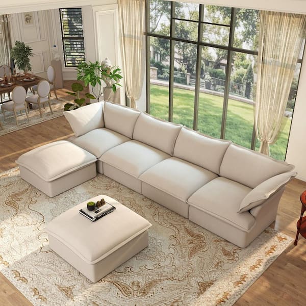 Reversible 163 in. Flared Arm 6-Piece Linen Oversized Modular Sectional Sofa with Washable Covers 2 Ottomans in. Beige
