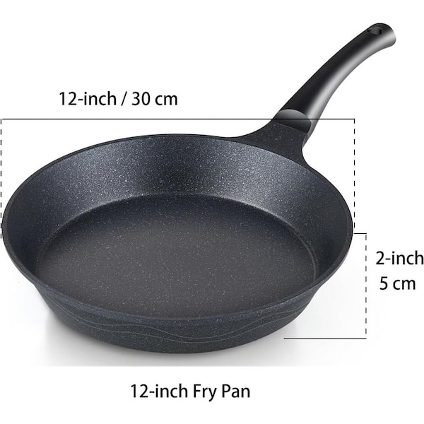 HLAFRG Nonstick Pan 12 Inch Frying Pan with Lid, Skillet nonstick with lid,  Black Marble Aluminium Cookware, Non Toxic APEO & PFOA Free,with Stainless