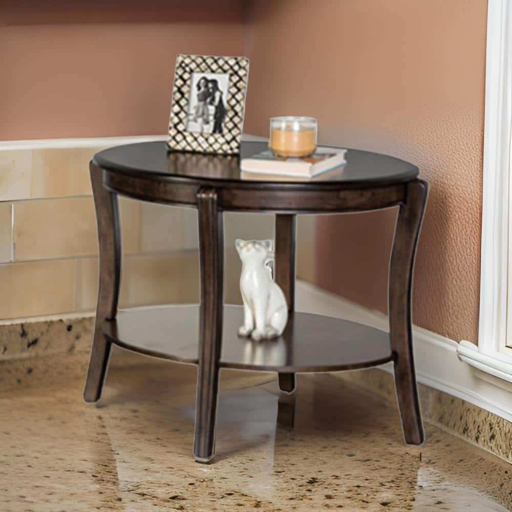 31 in. Walnut Brown Round Wood Top End/Side Table with Open Shelves price history on PriceWatchPro