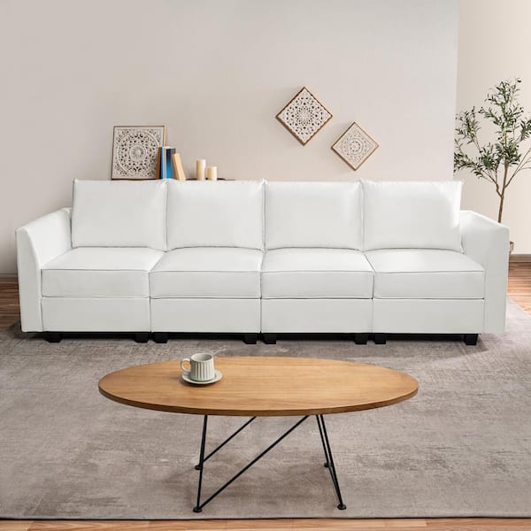 HOMESTOCK 112.8 in. Modern Faux Leather 4 Piece Upholstered Sectional Sofa Bed in Bright White - Sofa Couch for Living Room/Office
