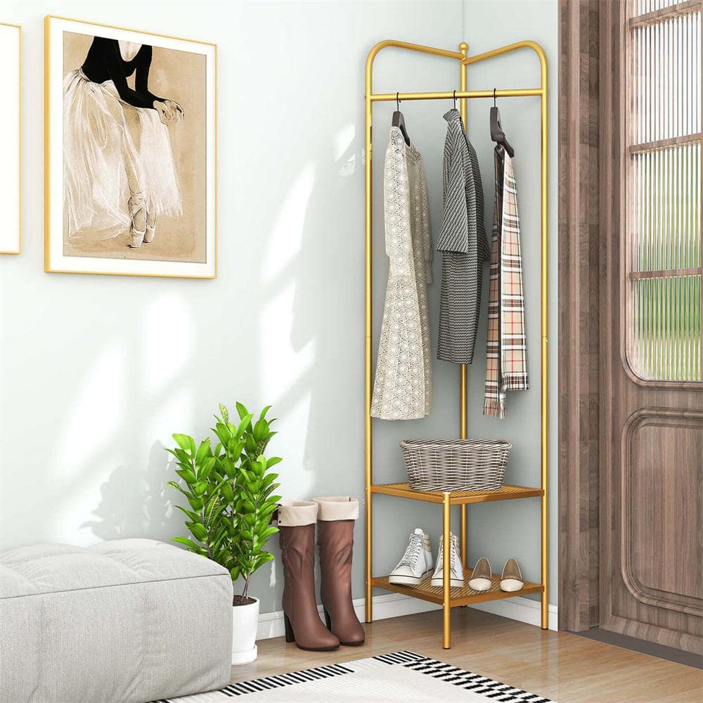 Costway Golden Corner Coat Rack with Shelves Freestanding Hall Tree and Top Hanger HCST02861 The Home Depot