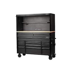 61 in. W x 23 in. D Heavy-Duty 17-Drawer Mobile Workbench Tool Chest with Riser and Hutch in Matte Black