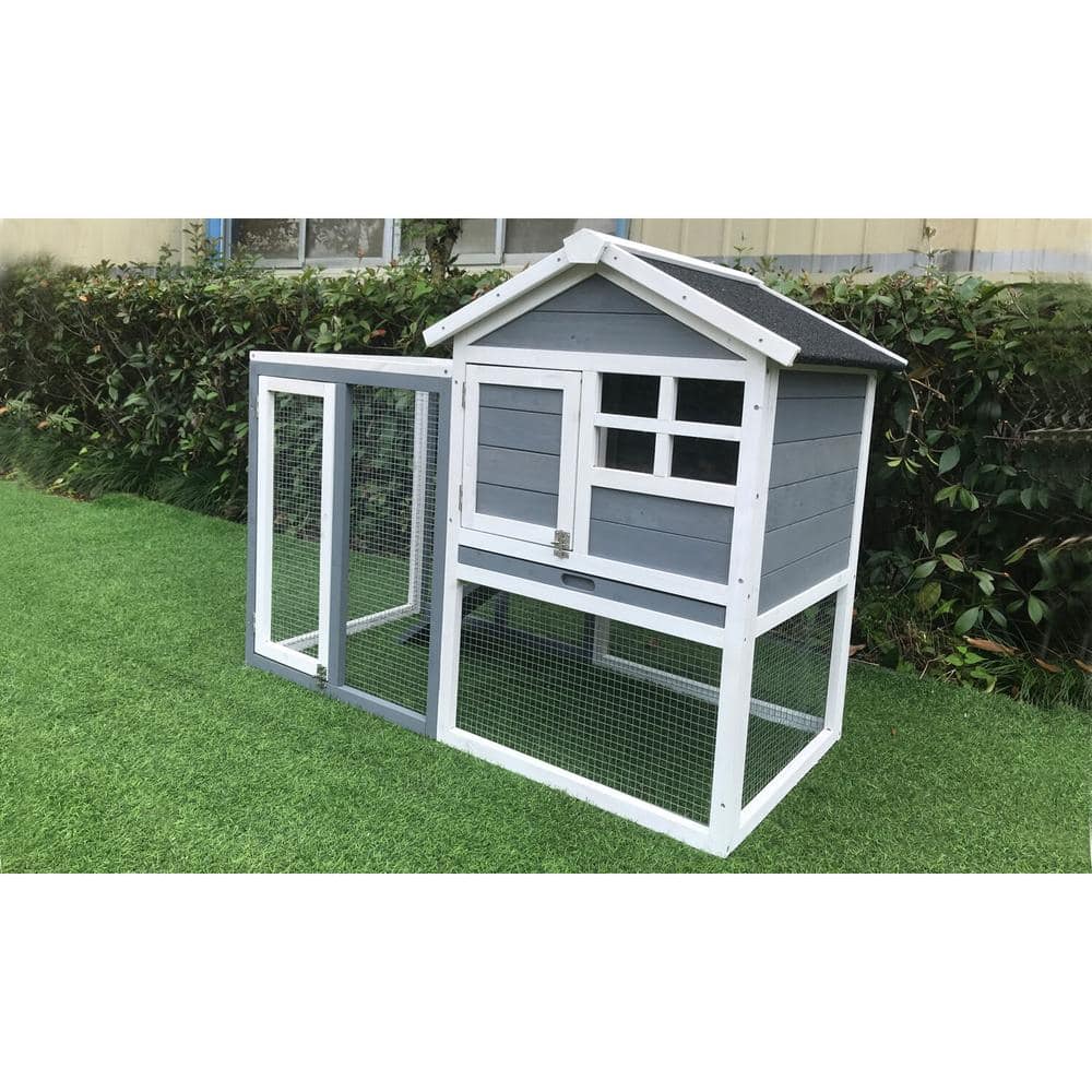 Gray and White Wooden Rabbit Hutch with Wire Mesh Run