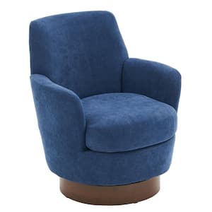 Luxurious Polyester Swivel Barrel Chair with Walnut Stainless Steel Base - Blue
