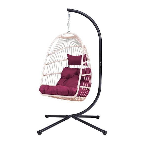 Black Metal Patio Swing with Rose Red Cushion with Stand