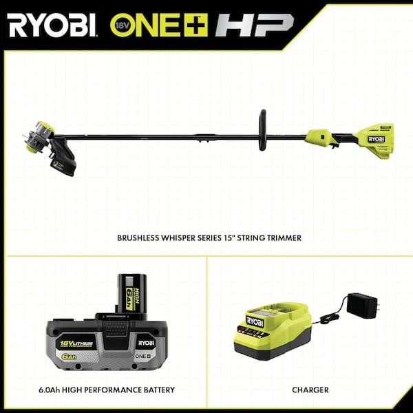 RYOBI P20190 ONE+ HP 18V Brushless Whisper Series 15 in. Cordless Battery String Trimmer with 6.0 Ah Battery and Charger - 3