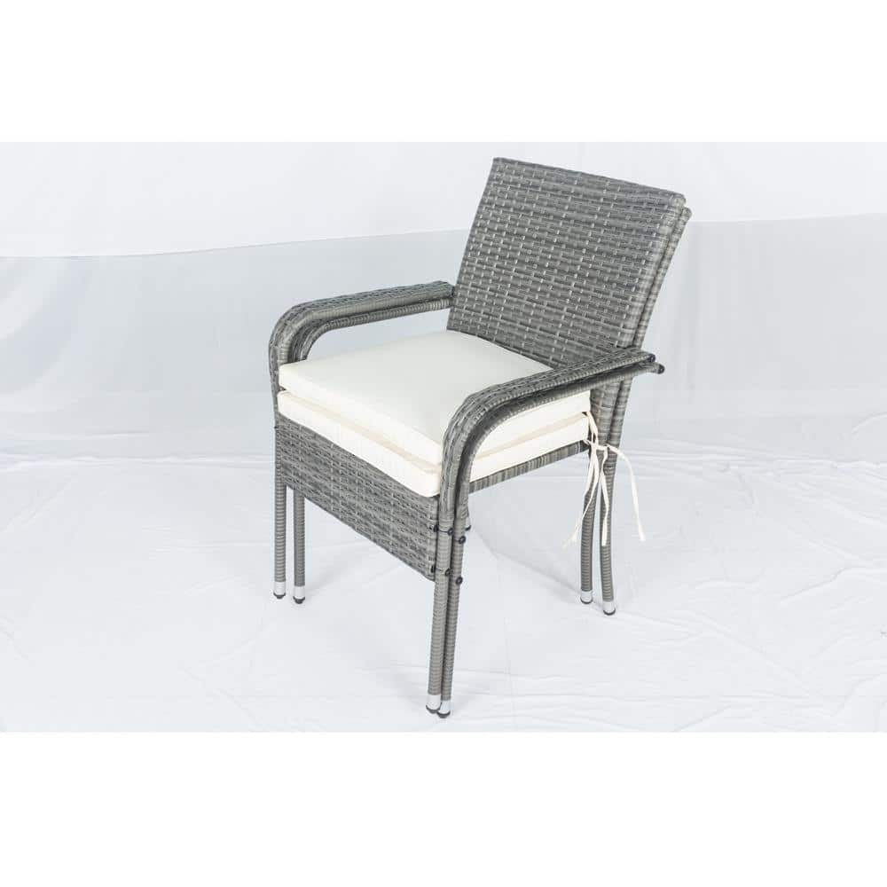 3-Piece Gray Steel and Wicker Patio Set with Beige Cushions