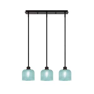 Albany 60-Watt 3-Light Espresso Linear Pendant Light with Turquoise Textured Glass Shades and No Bulbs Included