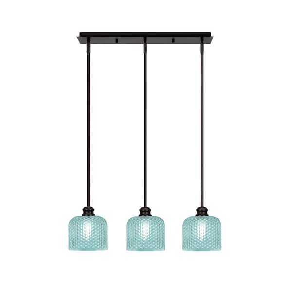 Unbranded Albany 60-Watt 3-Light Espresso Linear Pendant Light with Turquoise Textured Glass Shades and No Bulbs Included