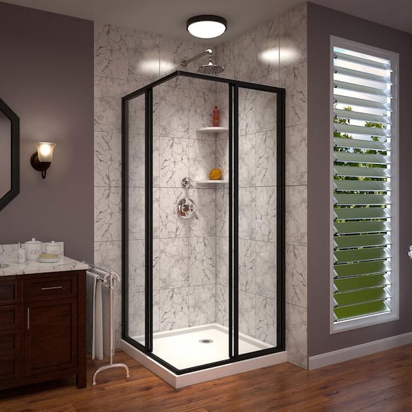 Cornerview 34 in. W x 72 in. H Framed Sliding Shower Door in Satin Black with 36 in. x 36 in. Base in Black
