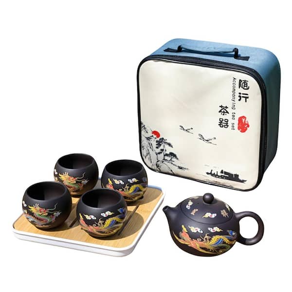 Color-Changing Purple Clay Teapot Set with Dragon Phoenix Pattern, Enhances Tea Flavor, Travel Bag, 1 Set