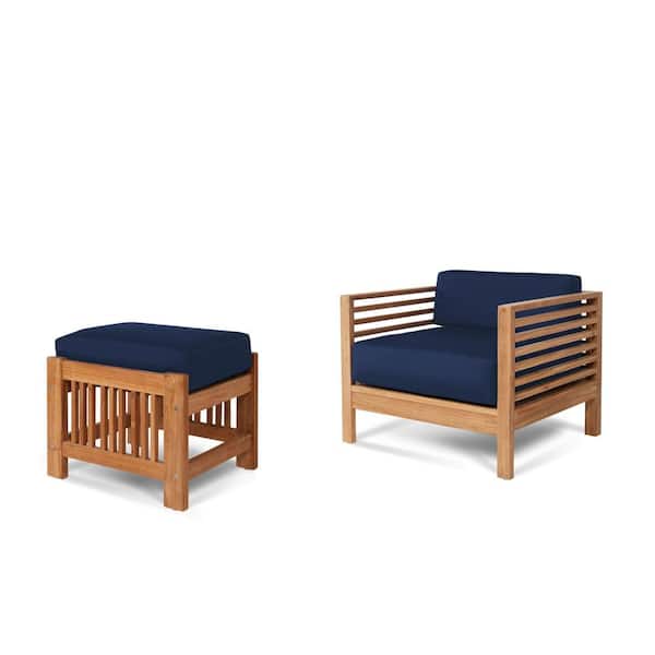 Unbranded Sylvie Teak Outdoor Lounge Chair and Ottoman with Sunbrella Navy Cushions
