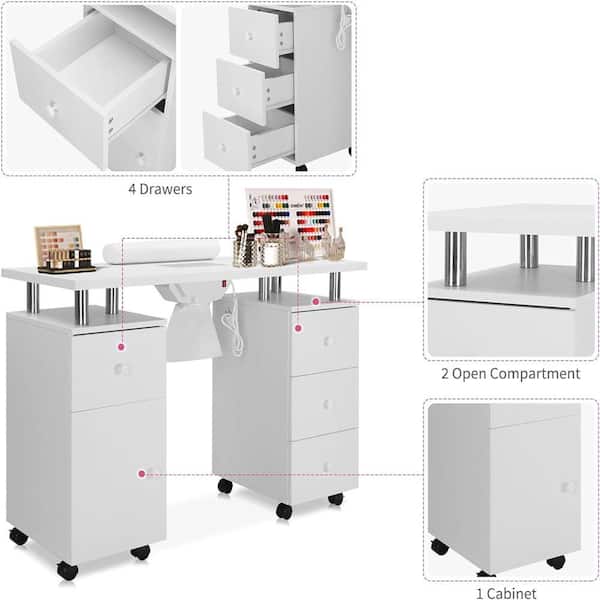 42.5 in. Rectangular White MDF 3-Drawer Manicure Table Nail Desk with Storage, Doors, Electric Dust Collector