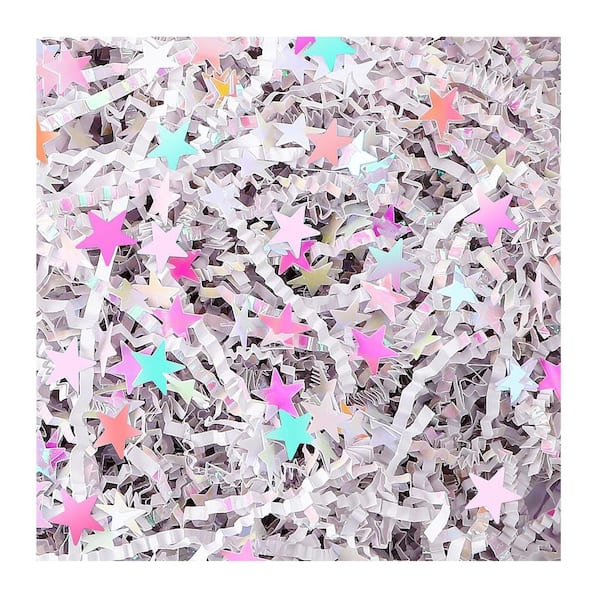 Diamond White Crinkle Cut Paper Shred Filler with Star Confetti for Gift Wrapping Craft DIY Basket Filling 115g