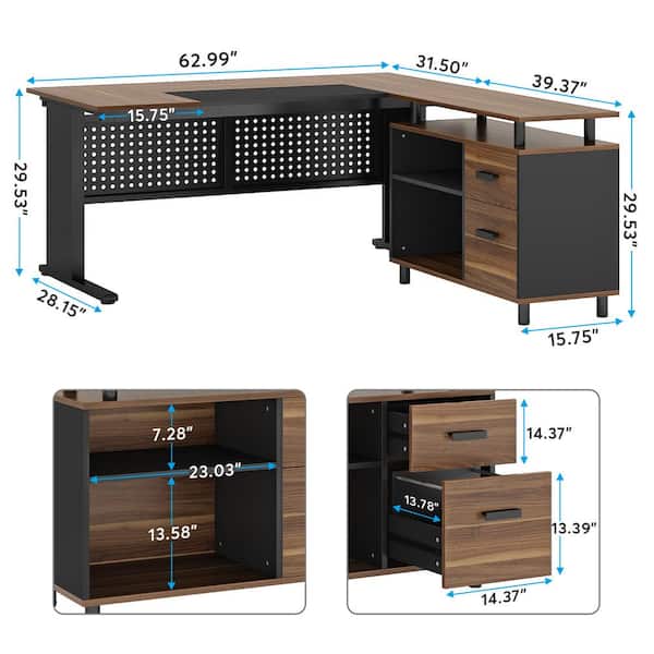 TRIBESIGNS WAY TO ORIGIN Halseey 63 in. L Shaped Brown Wood 2-Drawer  Computer Desk for Home Office, Executive Desk with File Cabinet  HD-F1749-HYF - The Home Depot