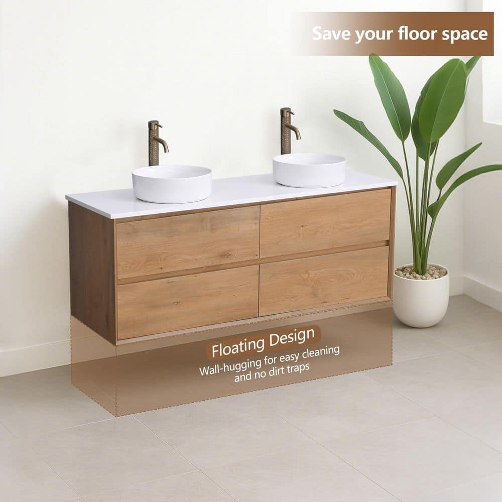 Skyward 60 in. Double Sink Floating Bath Vanity in Smoked Oak with White Quartz Stone Top and Round Vessel Sink price history on PriceWatchPro