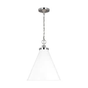 Wellfleet 15.625 in. W x 19 in. H 1-Light Matte White/Polished Nickel Medium Cone Pendant Light with White Steel Shade