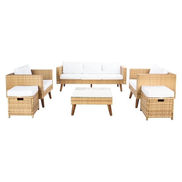 SAFAVIEH Presla Natural 6-Piece Wicker Patio Conversation Set with White Cushions