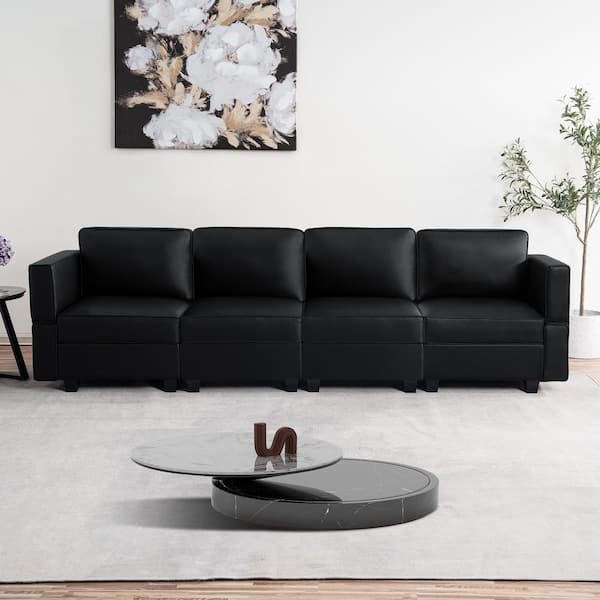 HOMESTOCK 112.6 in. W Faux Leather 4-Seater Modular Living Room Sectional Sofa for Streamlined Comfort in Black