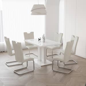 7-Piece Rectangle White MDF Table Top Dining Room Set Seating 6 with White Chairs