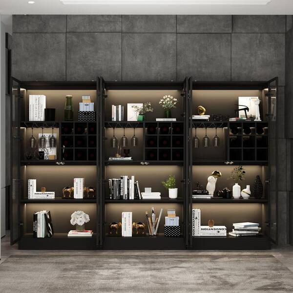 FUFU GAGA 63 in. H x 31.5 in. Wide Black Wood 3 Shelf Bookcase Bookshelf With Wine Cubes 3 Color LED Lights Tempered Glass Doors KF020275 02 cc The Home Depot