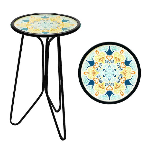 Everyday 12 in. Round Glass Green Mandala Pattern Outdoor Side Table