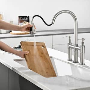 Double Handle Bridge Kitchen Faucet with Pull Down Sprayer in Brushed Nickel