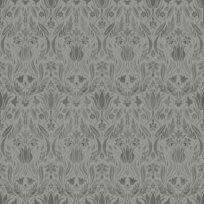 Ludvig Dark Grey Floral Ogee Dark Grey Wallpaper Sample