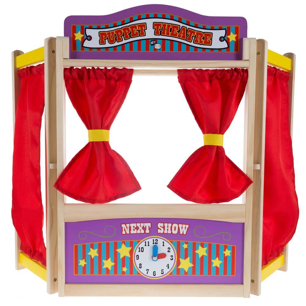 Wooden Tabletop Puppet Theater with Curtains, Blackboard, and Clock by Hey! Play!