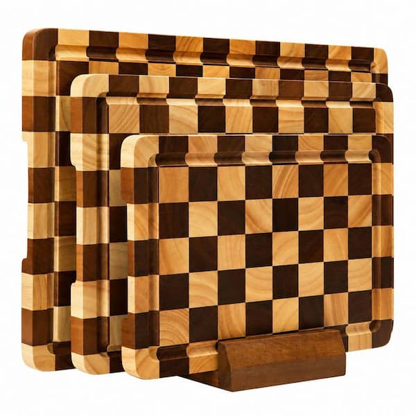 3-Piece Checkerboard Wood Cutting Board Set with Stand, Juice Groove, Handle, Non-Slip Pads for Kitchen
