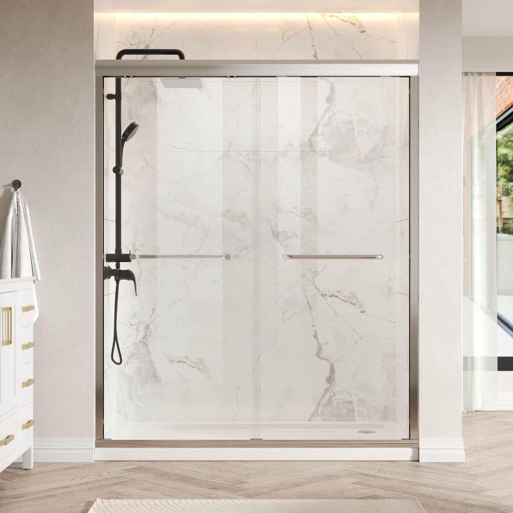 Silver Semi-Frameless Double Sliding Shower Door with Tempered Glass