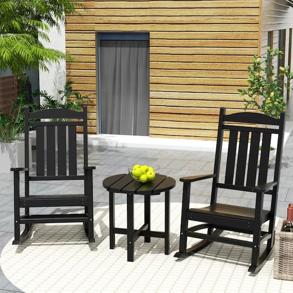 Laguna 3-Piece Classic Outdoor Patio Fade Resistant Plastic Rocking Chairs and Round Side Table Set in Black