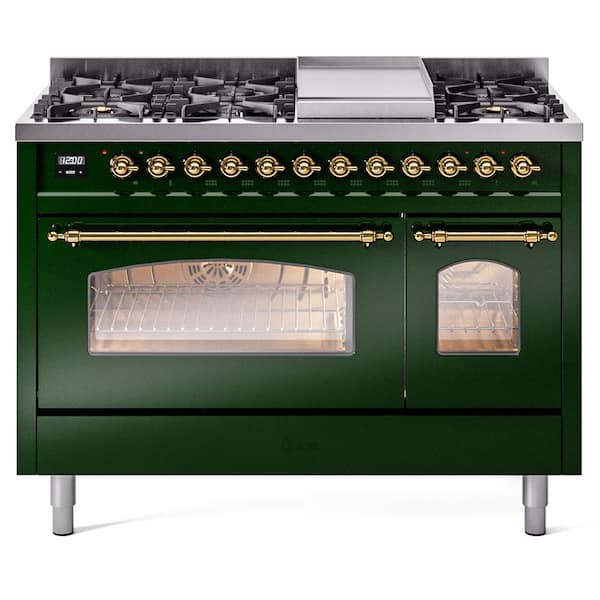 Nostalgie II 48 in. Dual Fuel Liquid Propane Range with 8 Burners, Griddle, Brass Trim in Emerald Green