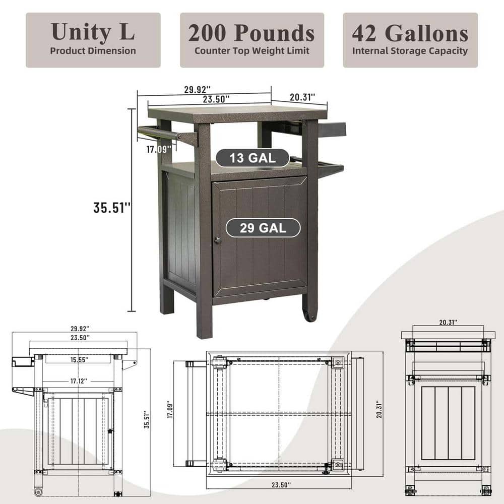 Brown Metal Outdoor Grill Cart with Storage and Wheels