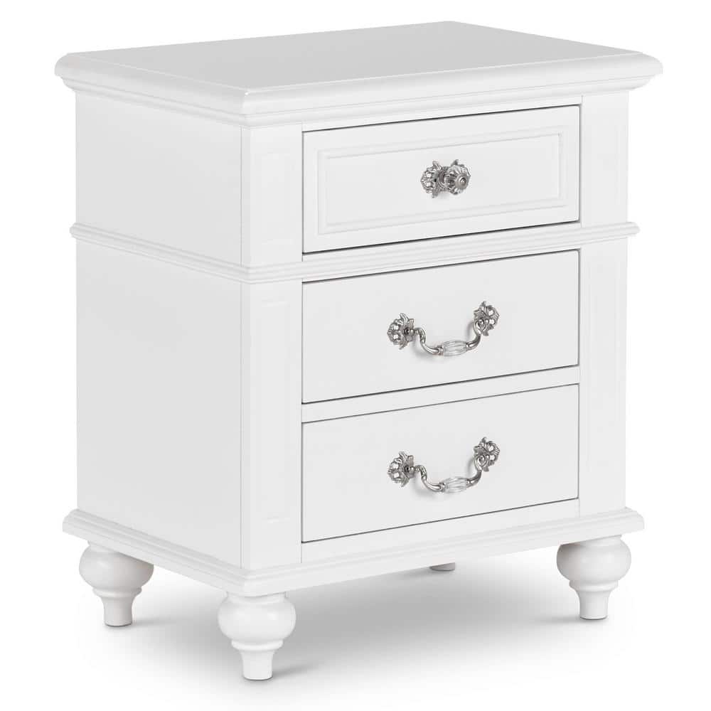 Charming French Country 3-Drawer White Nightstand with Crystal Knobs