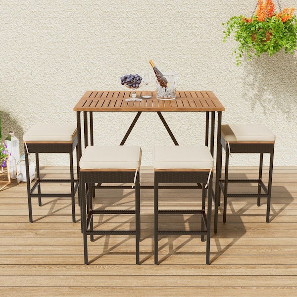 White 4-Piece Wicker Outdoor Dining Height Table and Set with Washed White Cushions