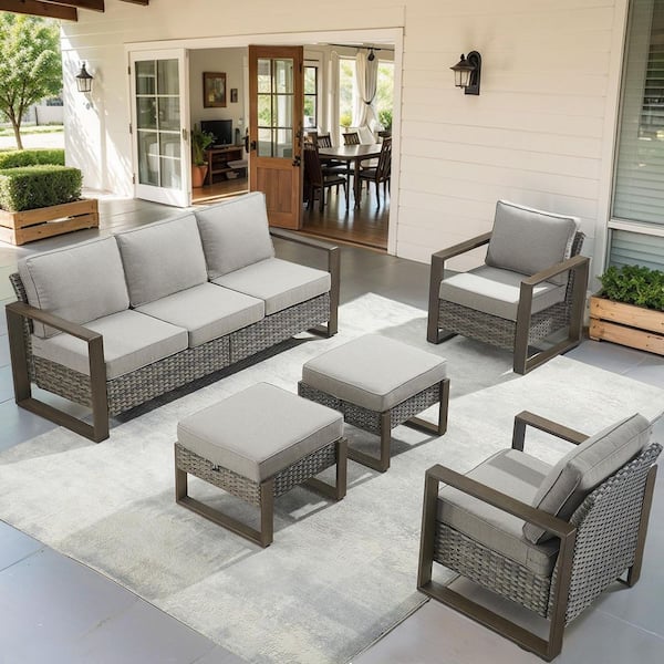 Cube Edge 5-Piece Gray Wicker Patio Conversation Set with Olefin Gray Cushions and Couch/ Porch Furniture Sets