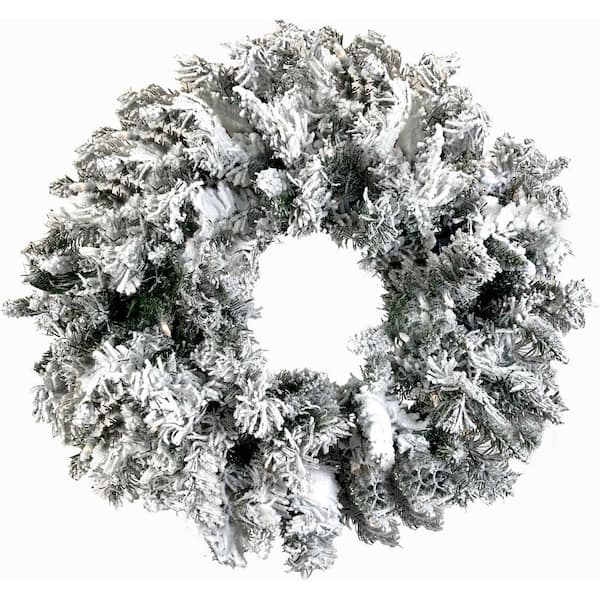 2 ft. Green Battery Operated Prelit Mountain Pine Flocked Artificial Christmas Wreath with 50 Warm White LED Lights