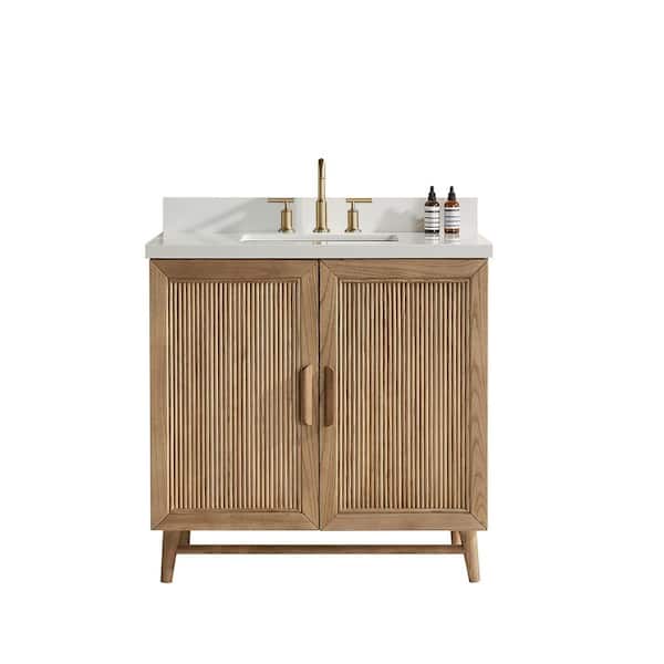 Weyvian 36 in. Single Sink Freestanding Light Coffee Bath Vanity with White Carrara Marble Top Pre-Assembled