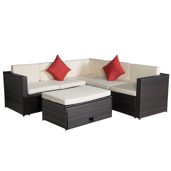 TIRAMISUBEST 4-Piece Wicker Patio Conversation Set with Beige Cushions and Red Pillows