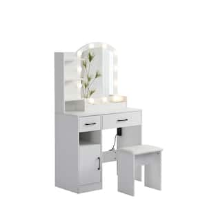 2-Piece White Makeup Vanity Set with 2 Drawers and Upholstered Stool