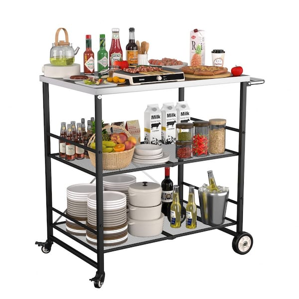 3- Shelf Stainless Steel Foldable Outdoor Grill Cart Indoor Prep Table with 4 Wheels (31.5 in. W x 23.6 in. D)